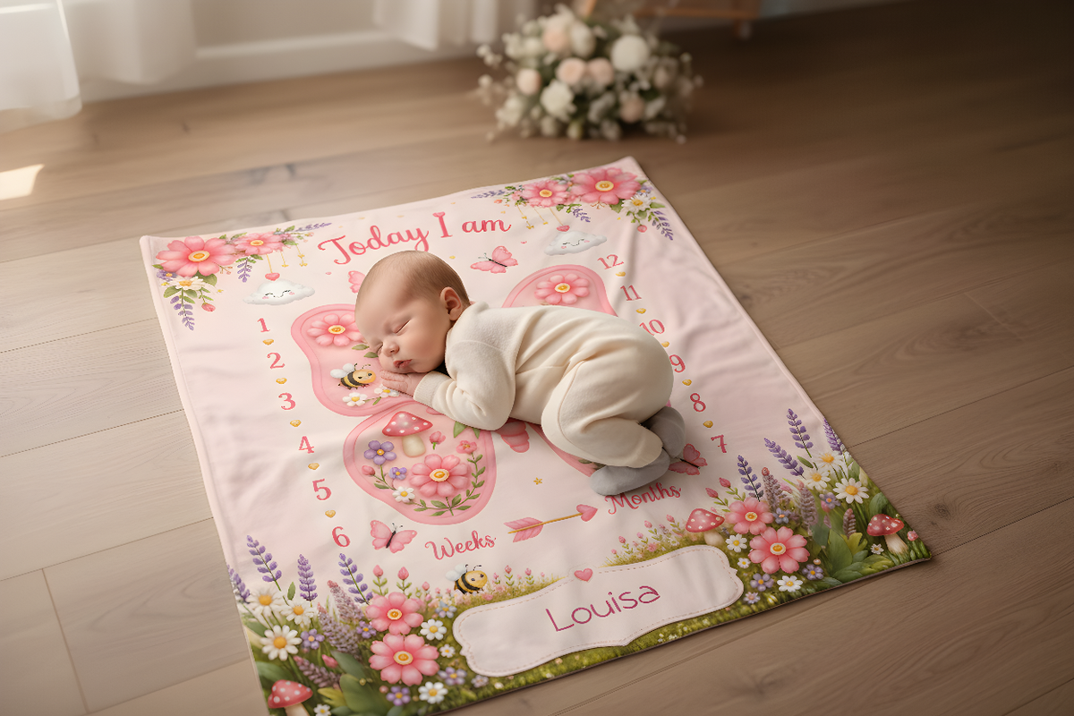 Personalized baby milestone blanket with floral butterfly design, name Louise and baby lying on it