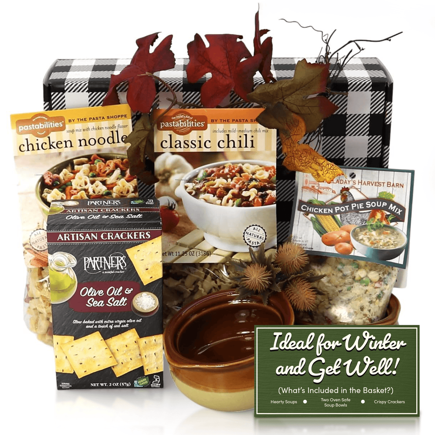 Warm and Cozy Gift Box with plaid tray, soup bowls, soup mixes, and artisan crackers