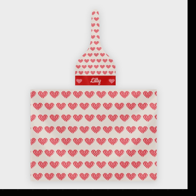 Personalized baby swaddle blanket with red heart pattern and matching hat top