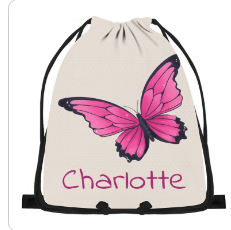 Butterfly drawstring bag with pink butterfly print and 'Charlotte'.