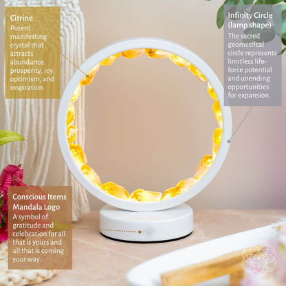 White citrine manifestation lamp with glowing golden ring and circular frame