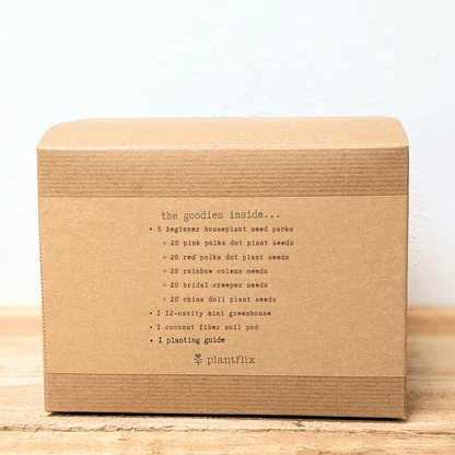 Back of Grow an indoor jungle seed kit box showing included items list