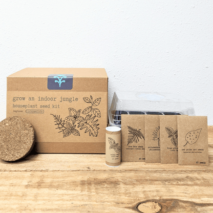 Indoor jungle seed kit with seed packets, soil pod, and mini greenhouse in plastic