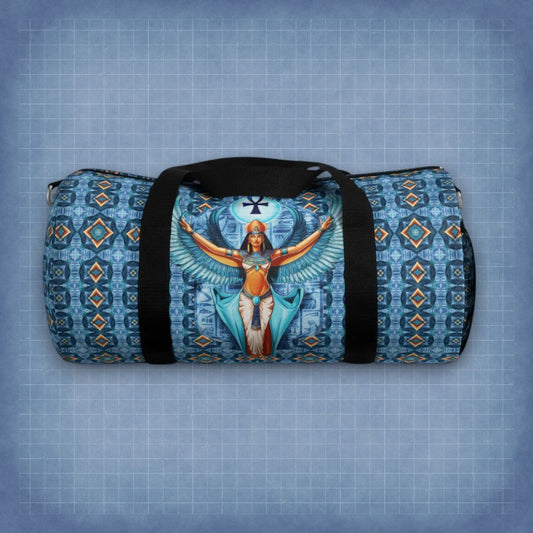 Blue duffel bag with black handles and Isis goddess winged graphic front panel