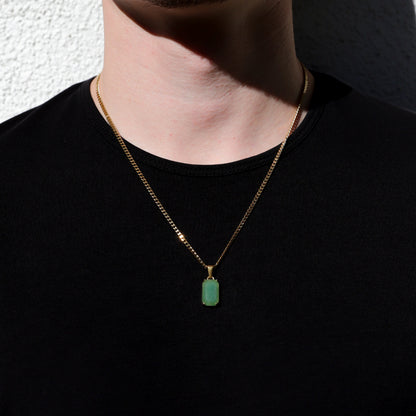 Gold-tone single chain necklace with square green stone pendant