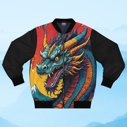 Japanese Dragon Bomber Jacket - Teal Dragon Mount Fuji Anime Streetwear, Fantasy Fashion for Men and Women XS to 5XL