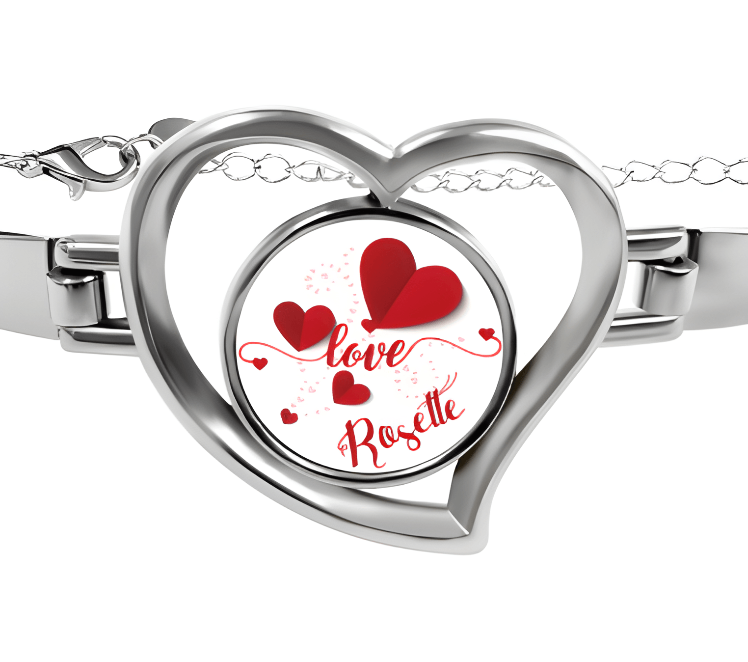 Heart charm bracelet with silver heart locket reading "Love Rosette" and red hearts