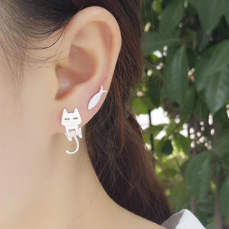 925 sterling silver cat & fish drop earrings on ear, cat face with fish charm