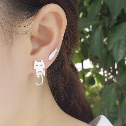 925 sterling silver cat & fish drop earrings on ear, cat face with fish charm