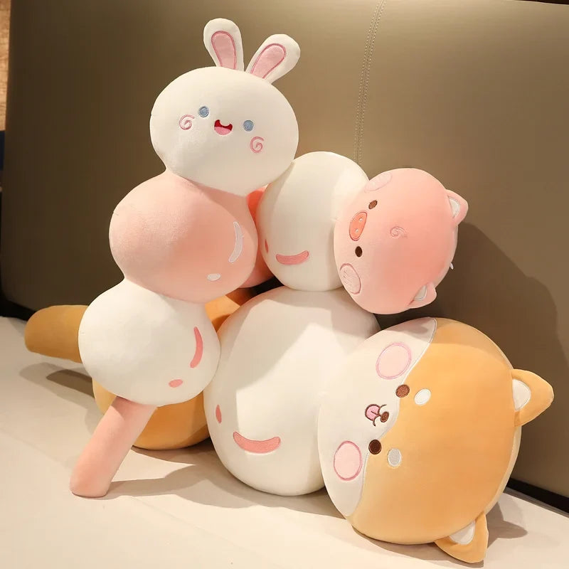 Assorted animal dango snack plush set with bunny and pig faces, pastel colors