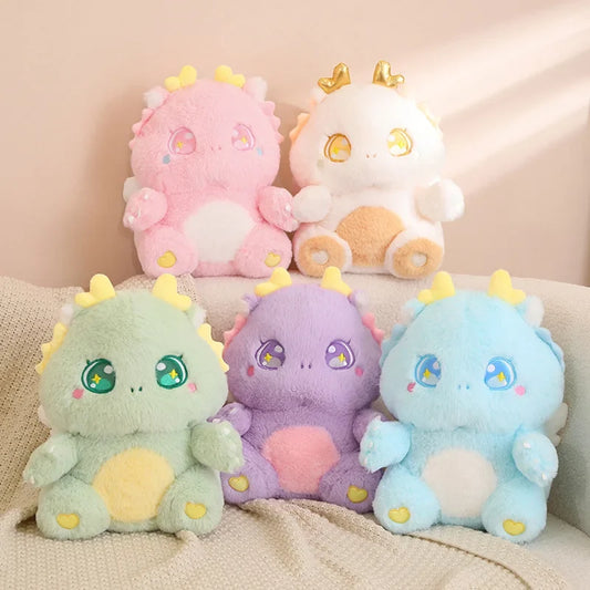Set of five pastel baby dragon plushies with star eyes, heart paws, and horn tips