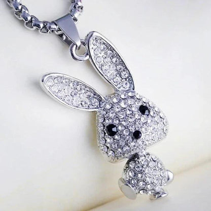 Rhinestone bunny pendant necklace with sparkling ears and black-eyed face charm