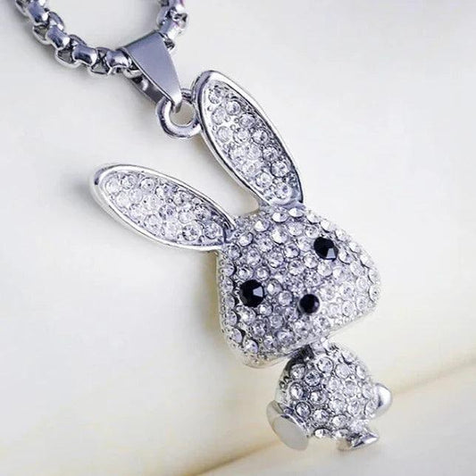 Rhinestone bunny pendant necklace with sparkling ears and black-eyed face charm