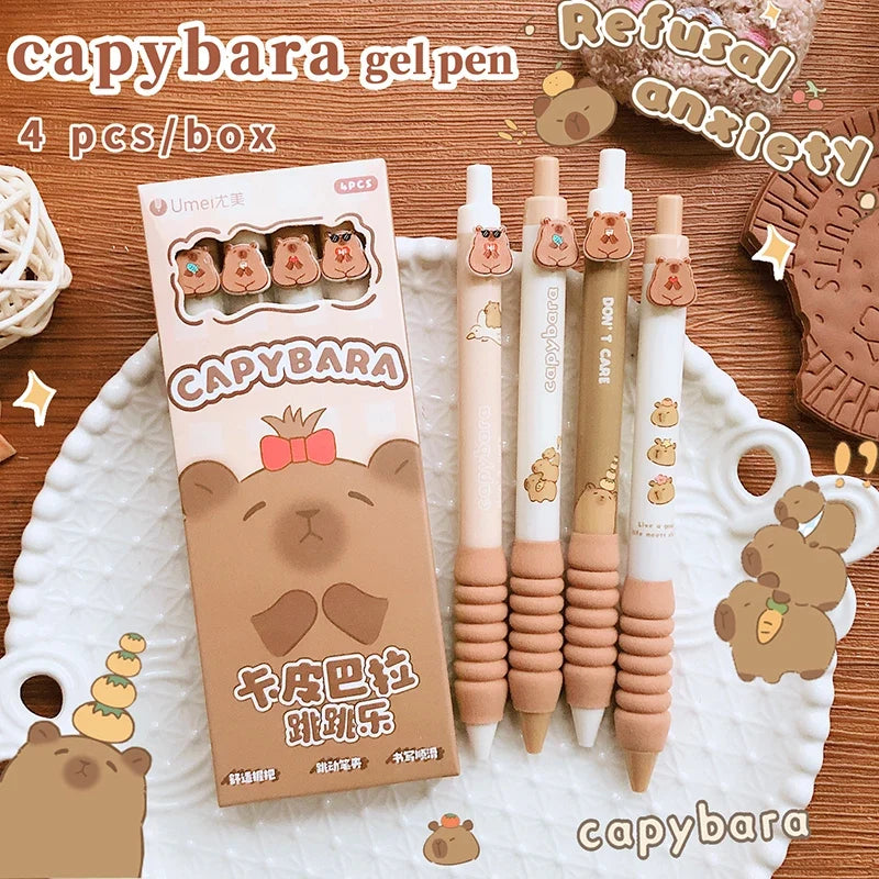 Capybara gel pens in box, 4-pack, beige barrels with cute animal caps