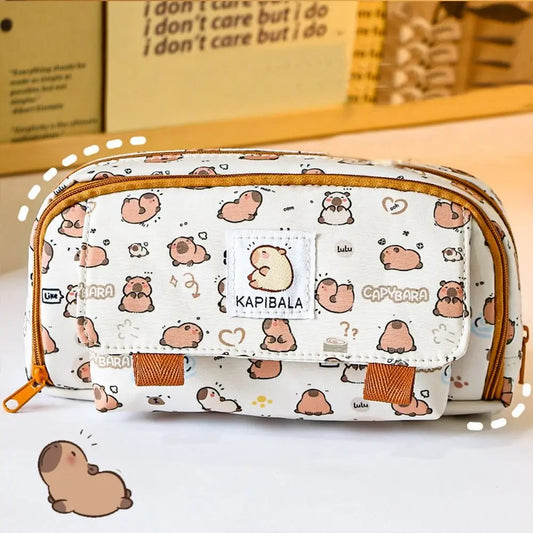 Kawaii capybara print pencil bag with front flap pocket and zipper trim in orange