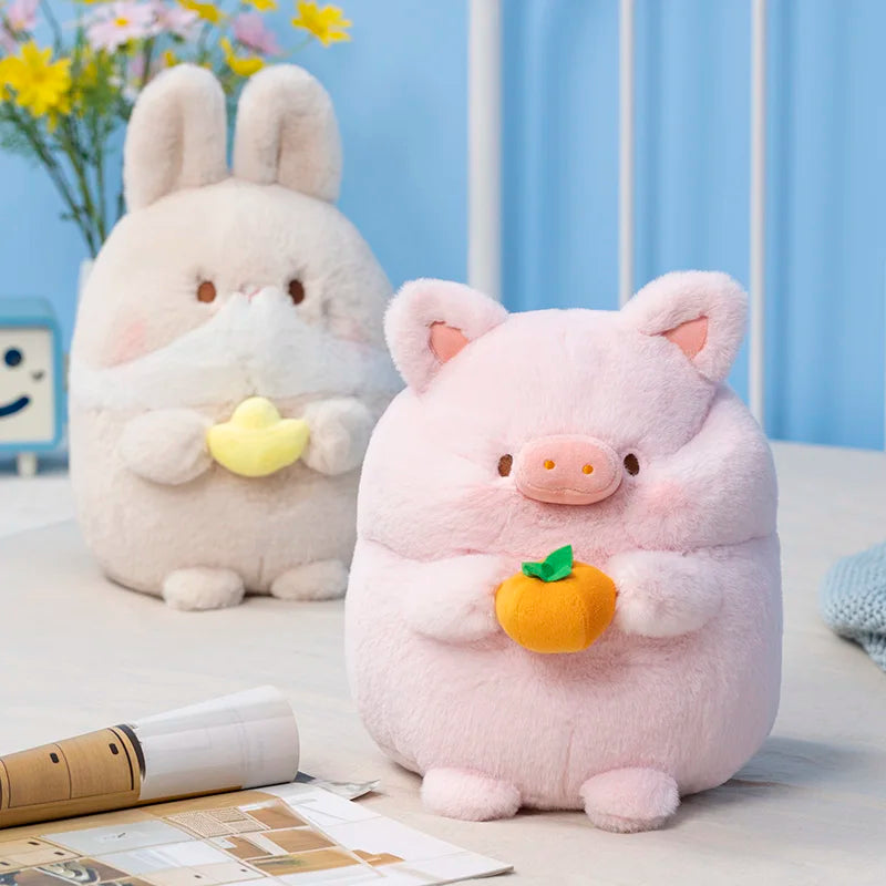 Pink pig plush with orange carrot and green leaf detail, sitting.