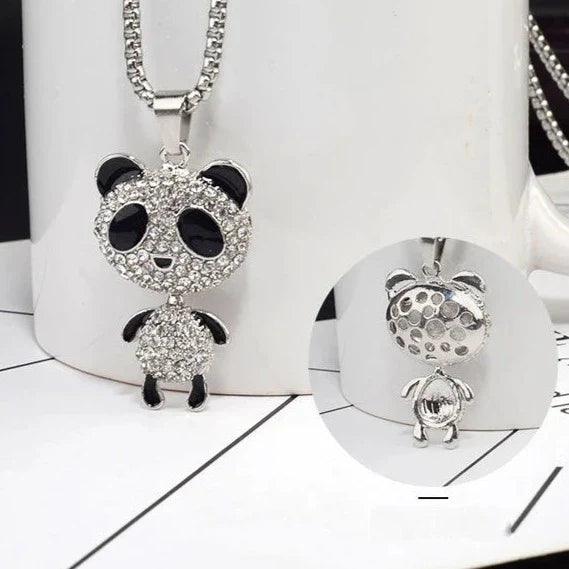 Sparkly panda pendant necklace with rhinestone head and small body charms on chain