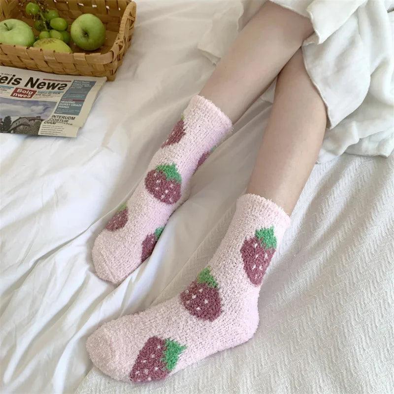 Soft plush sleeping socks, light pink with embroidered strawberries and green leaves