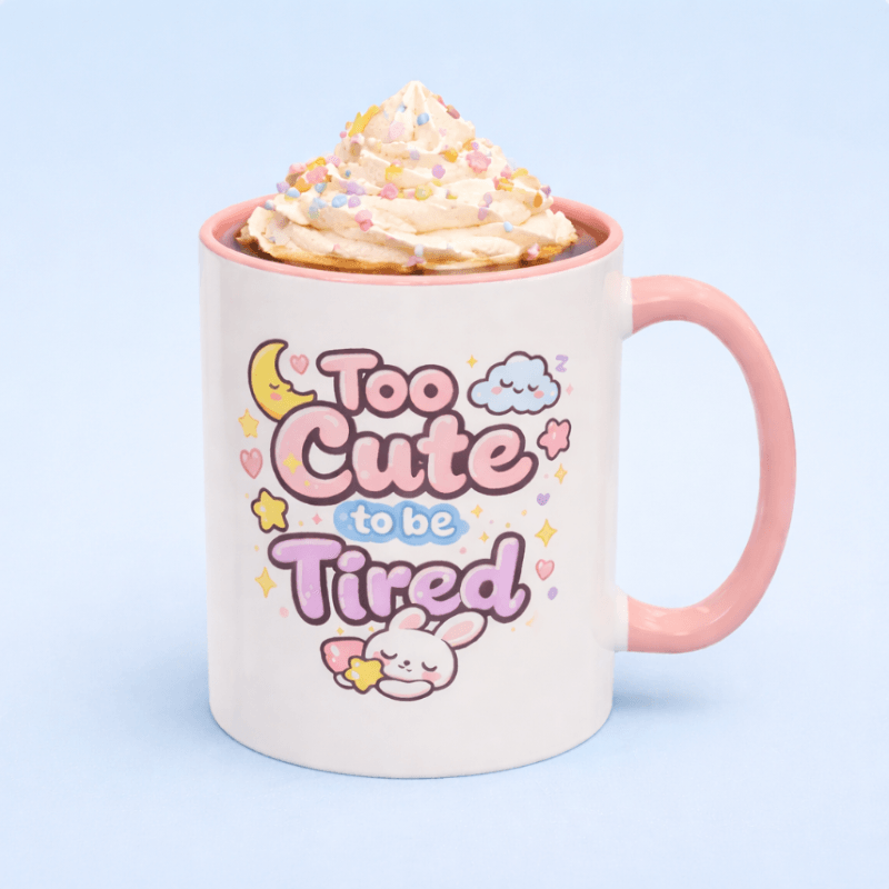 Kawaii bunny mug with pink rim and handle, front features cute moon and cloud art