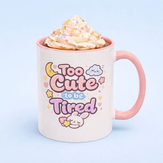 Kawaii bunny mug with pink rim and handle, front features cute moon and cloud art