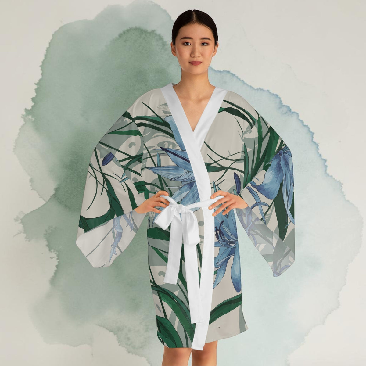 African Lily Kimono Robe - Long Sleeve Floral Wrap Cover-Up with Flowing Fit, Smooth Lightweight 100% Polyester, XS to 2XL