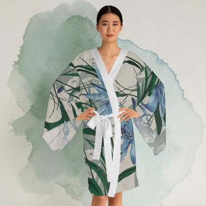 African Lily Kimono Robe - Long Sleeve Floral Wrap Cover-Up with Flowing Fit, Smooth Lightweight 100% Polyester, XS to 2XL