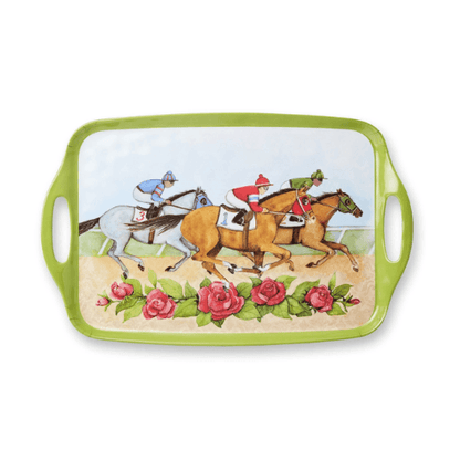 Rectangular horse-racing serving tray with light green handles and floral border