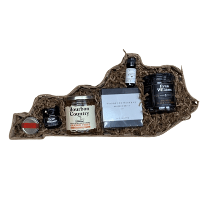 Wicker gift tray with bourbon country box and two bottles