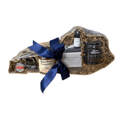 Gift tray with straw filler, bourbon country box, two small bottles, blue bow
