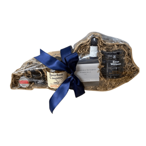 Gift tray with straw filler, bourbon country box, two small bottles, blue bow