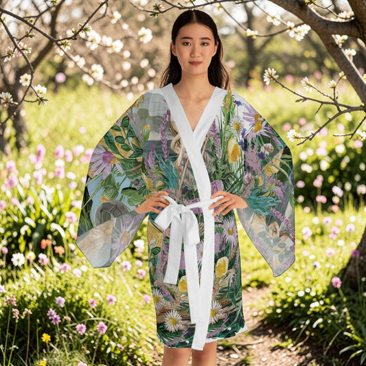 Beach Flowers Kimono Robe - Long Sleeve Coastal Floral Wrap for Beach Cover-Ups, Resort Wear, Lounging, and Travel XS to 2XL