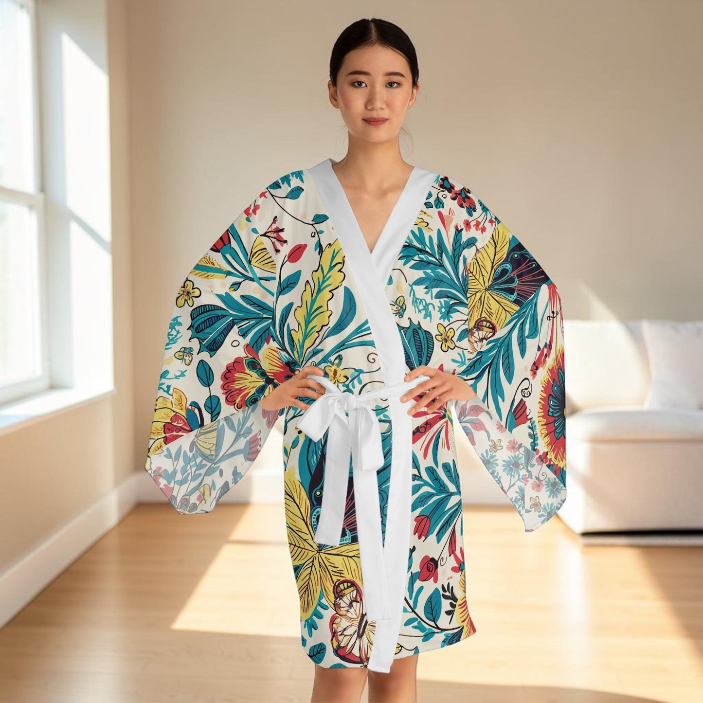 Florida Floral Kimono Robe - Long Sleeve Tropical Flower Wrap with Flowing Bell Sleeves for Lounging, Beach Cover-Ups, and Resort Wear XS to 2XL