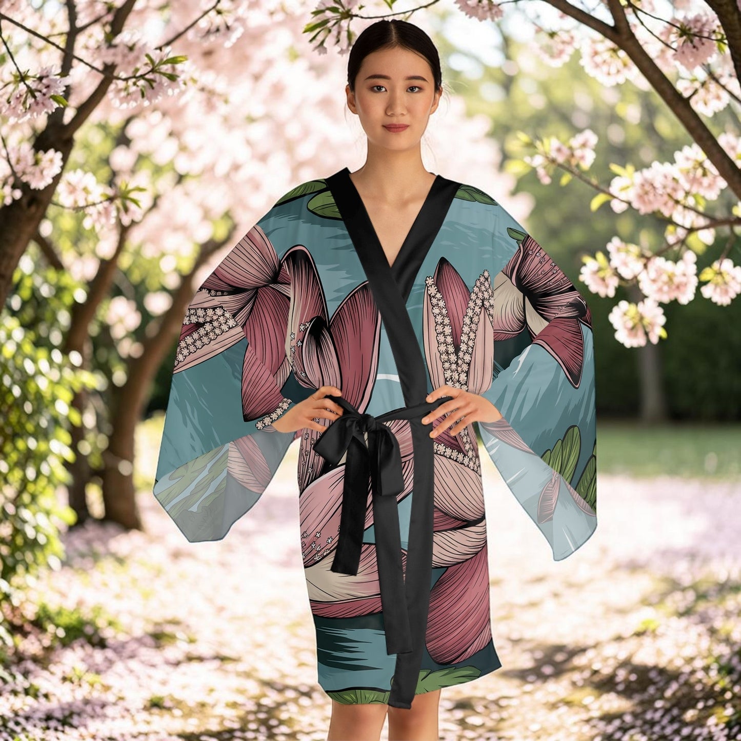 Lotus Blossom Kimono Robe - Long Sleeve Lotus Flower Wrap for Lounging, Spa Days, Meditation, and Resort Wear XS to 2XL