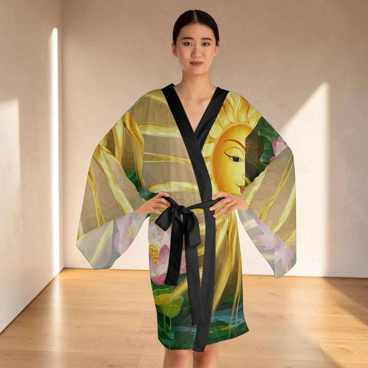 Lotus Sun Kimono Robe - Long Sleeve Lotus Flower Wrap with Golden Sun Design for Lounging, Spa Days, and Resort Wear XS to 2XL