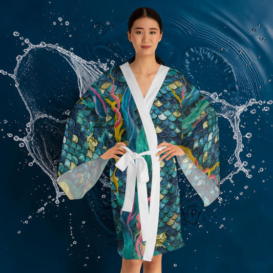 Mermaid Scale Party Kimono – Stained Glass Teal & Gold Mosaic Scale Print | XS–2XL | Black or White Trim | Festival Beach Wedding Coastal Cover-Up