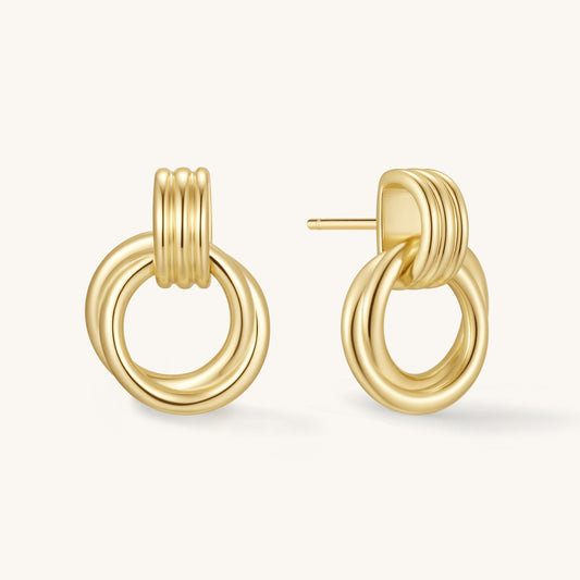 Gold-tone knot drop stud earrings with rounded circular loop design