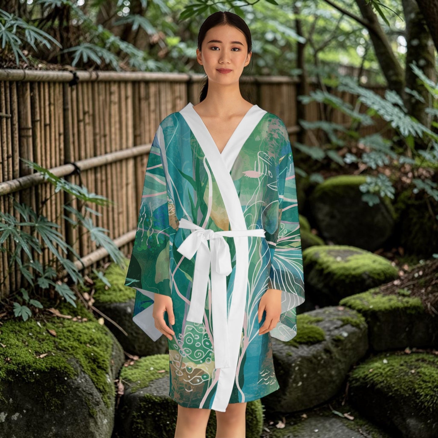 Ocean Seaweed Kimono Robe - Long Sleeve Coastal Wrap with Flowing Fit for Beach Cover-Ups, Lounging, and Resort Wear XS to 2XL