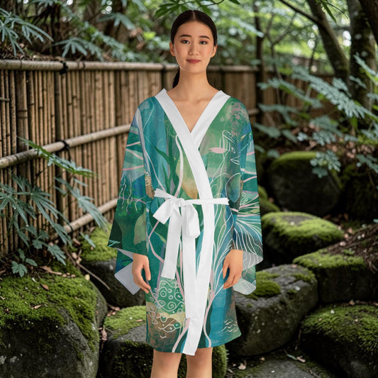 Ocean Seaweed Kimono Robe - Long Sleeve Coastal Wrap with Flowing Fit for Beach Cover-Ups, Lounging, and Resort Wear XS to 2XL