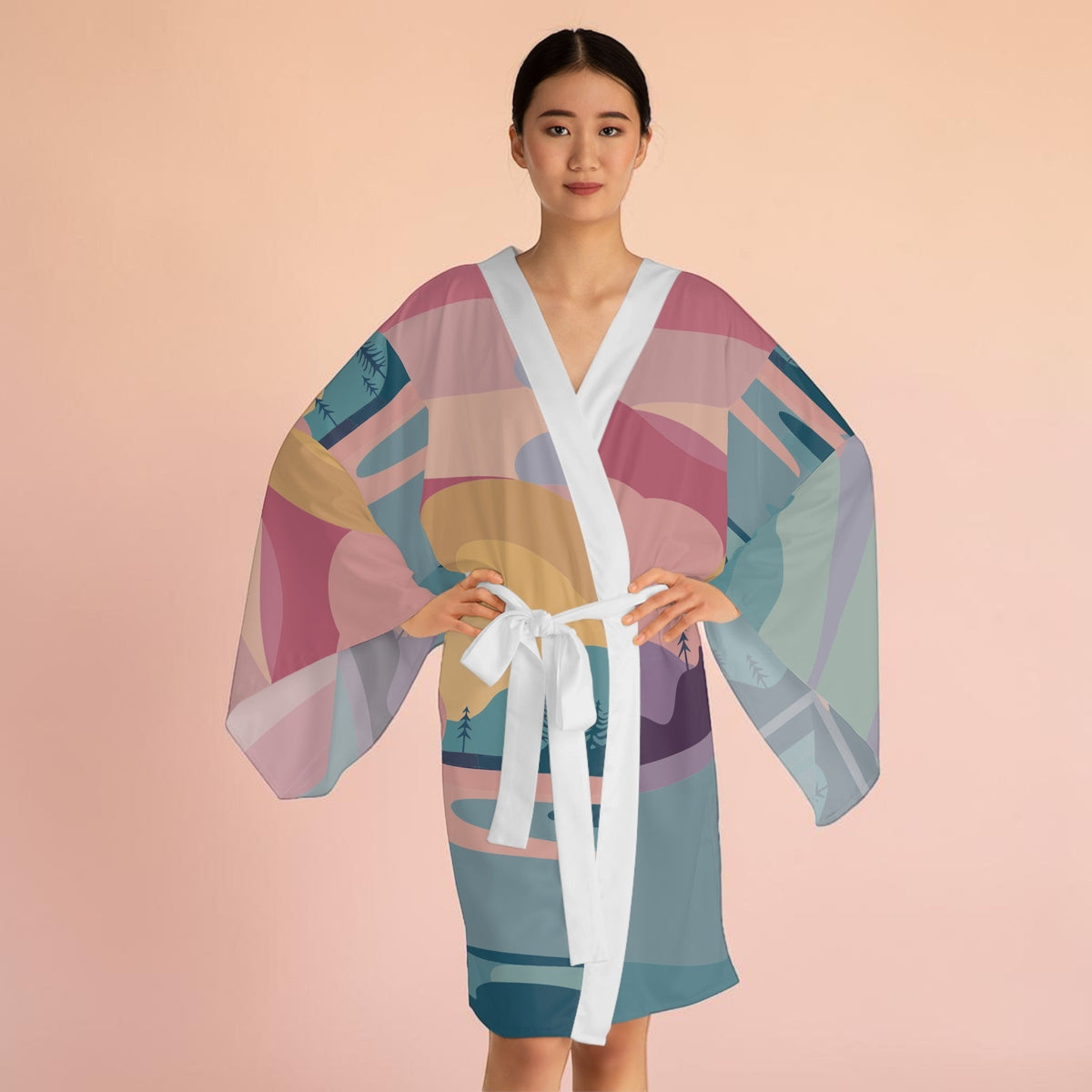 Pastel Scene Kimono - Lightweight Pastel Ocean Sky Wrap for Beach Cover-Ups, Resort Wear, and Everyday Layering XS to 2XL