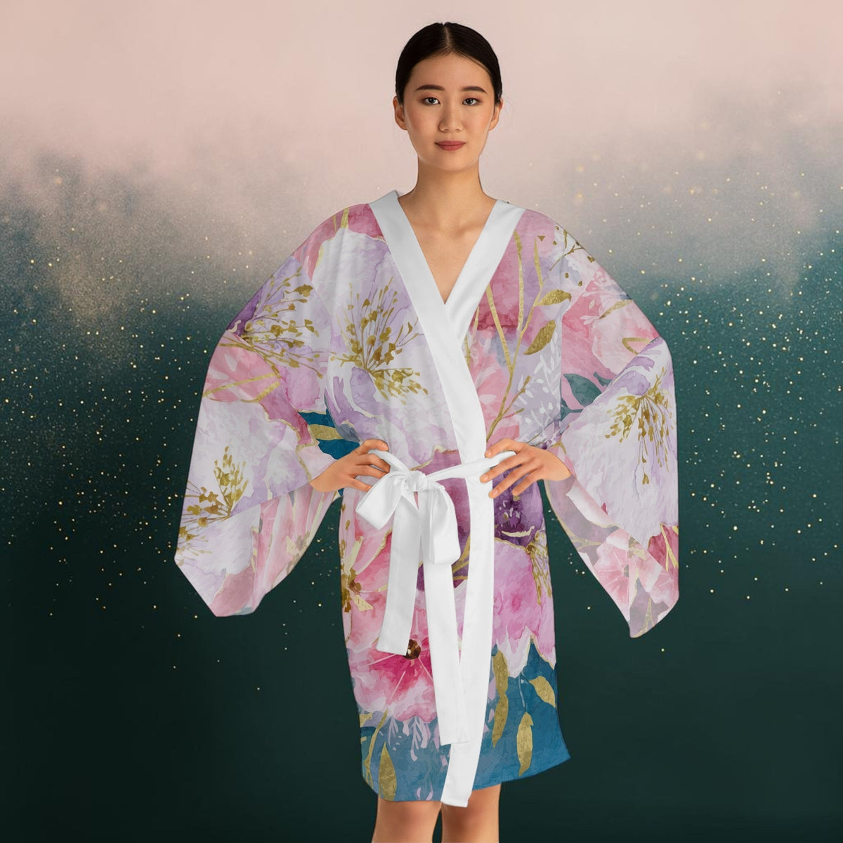 Pastel Roses Kimono Robe - Long Sleeve Floral Wrap for Lounging, Spa Days, Beach Cover-Ups, and Resort Wear XS to 2XL