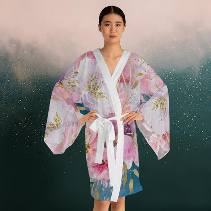 Pastel Roses Kimono Robe - Long Sleeve Floral Wrap for Lounging, Spa Days, Beach Cover-Ups, and Resort Wear XS to 2XL