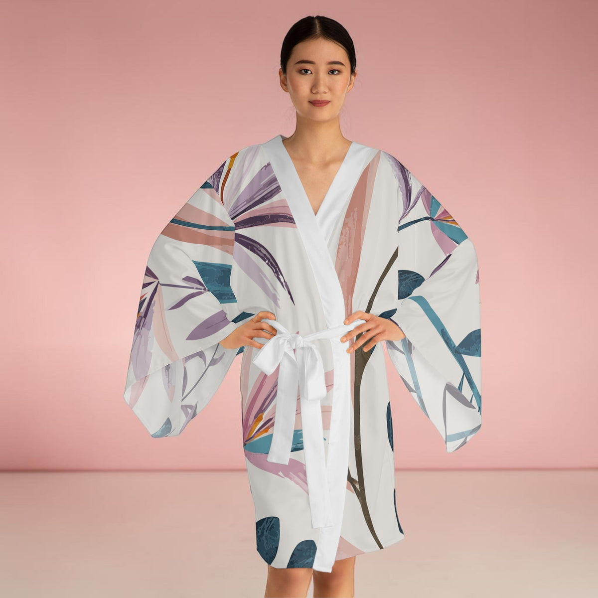 Breeze Kimono - Belted Botanical Print Wrap Robe with Wide Angel Sleeves in Abstract Painterly Leaf Design, Boho Beach Cover-Up XS to 2XL