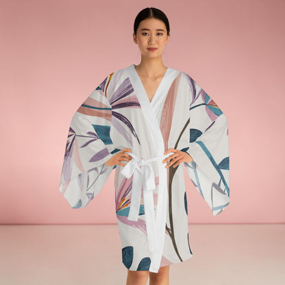 Breeze Kimono - Belted Botanical Print Wrap Robe with Wide Angel Sleeves in Abstract Painterly Leaf Design, Boho Beach Cover-Up XS to 2XL