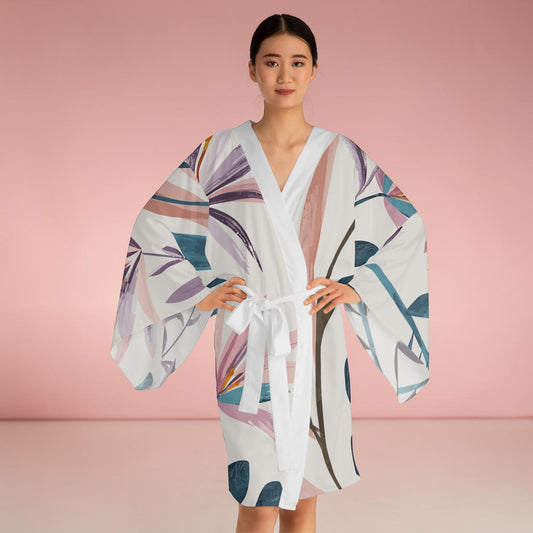 Breeze Kimono - Belted Botanical Print Wrap Robe with Wide Angel Sleeves in Abstract Painterly Leaf Design, Boho Beach Cover-Up XS to 2XL