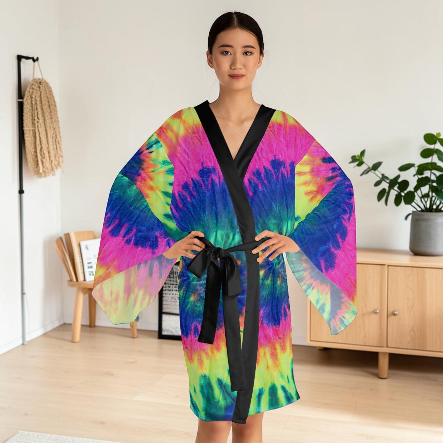 Long Sleeve Tie Dye Kimono Robe - Colorful Boho Loungewear and Layering Cover Up