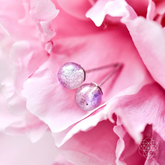 Round labradorite stud earrings with purple-blue speckled cabochon beads