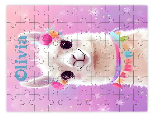 Wooden llama puzzle with 60 interlocking pieces, purple floral artwork