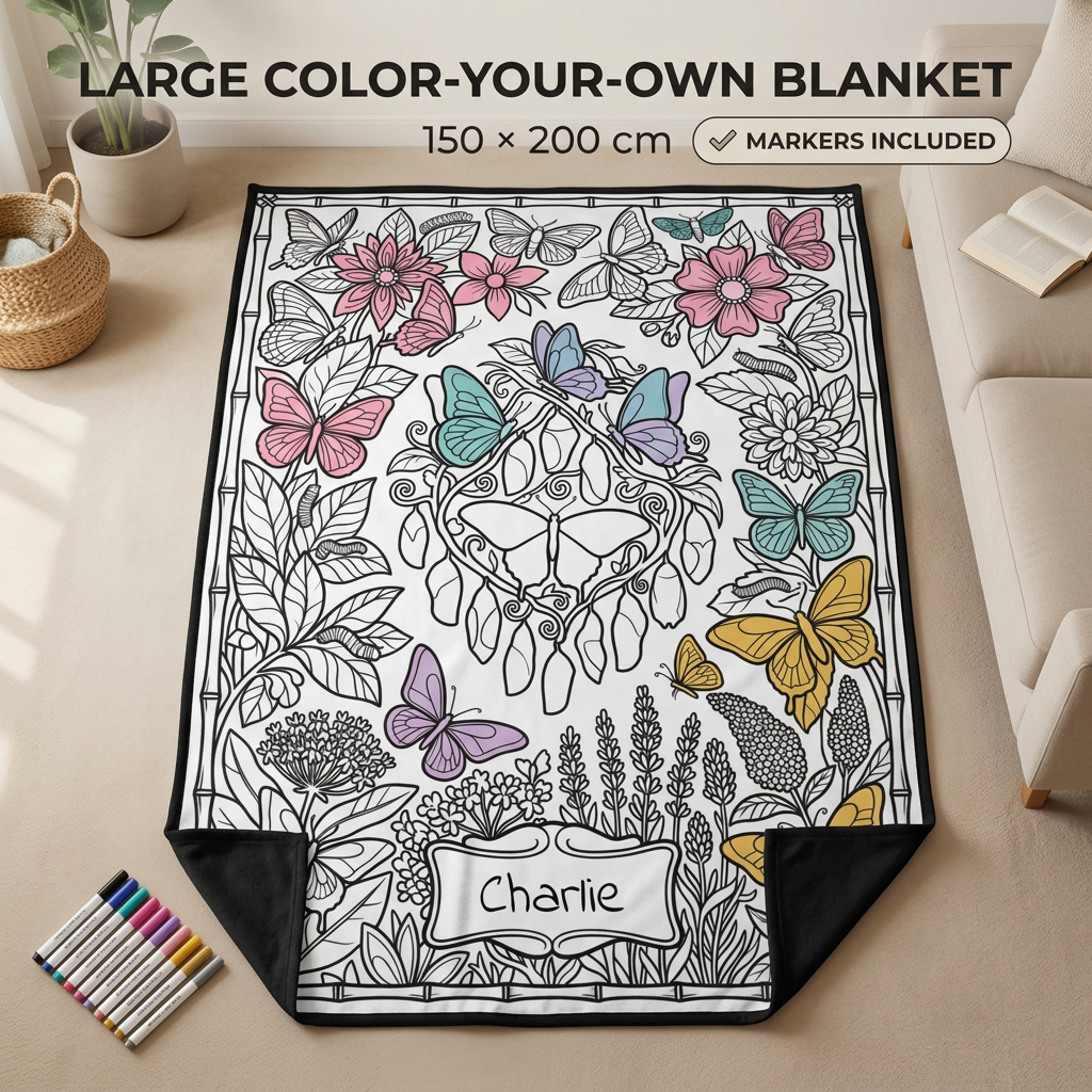 Large butterfly coloring blanket hero image with included markers