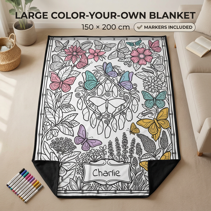 Large butterfly coloring blanket hero image with included markers