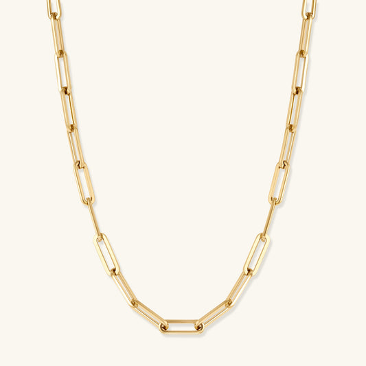 Gold large-link paperclip chain necklace with center clasp, 18K gold PVD finish
